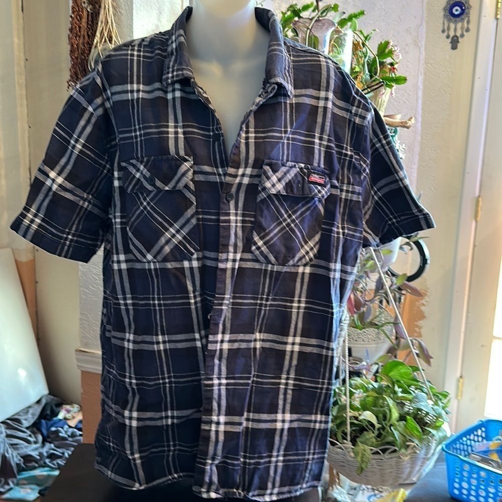 DICKIES Dark Blue Plaid Short Sleeve Casual  Button Down Shirt Size XL